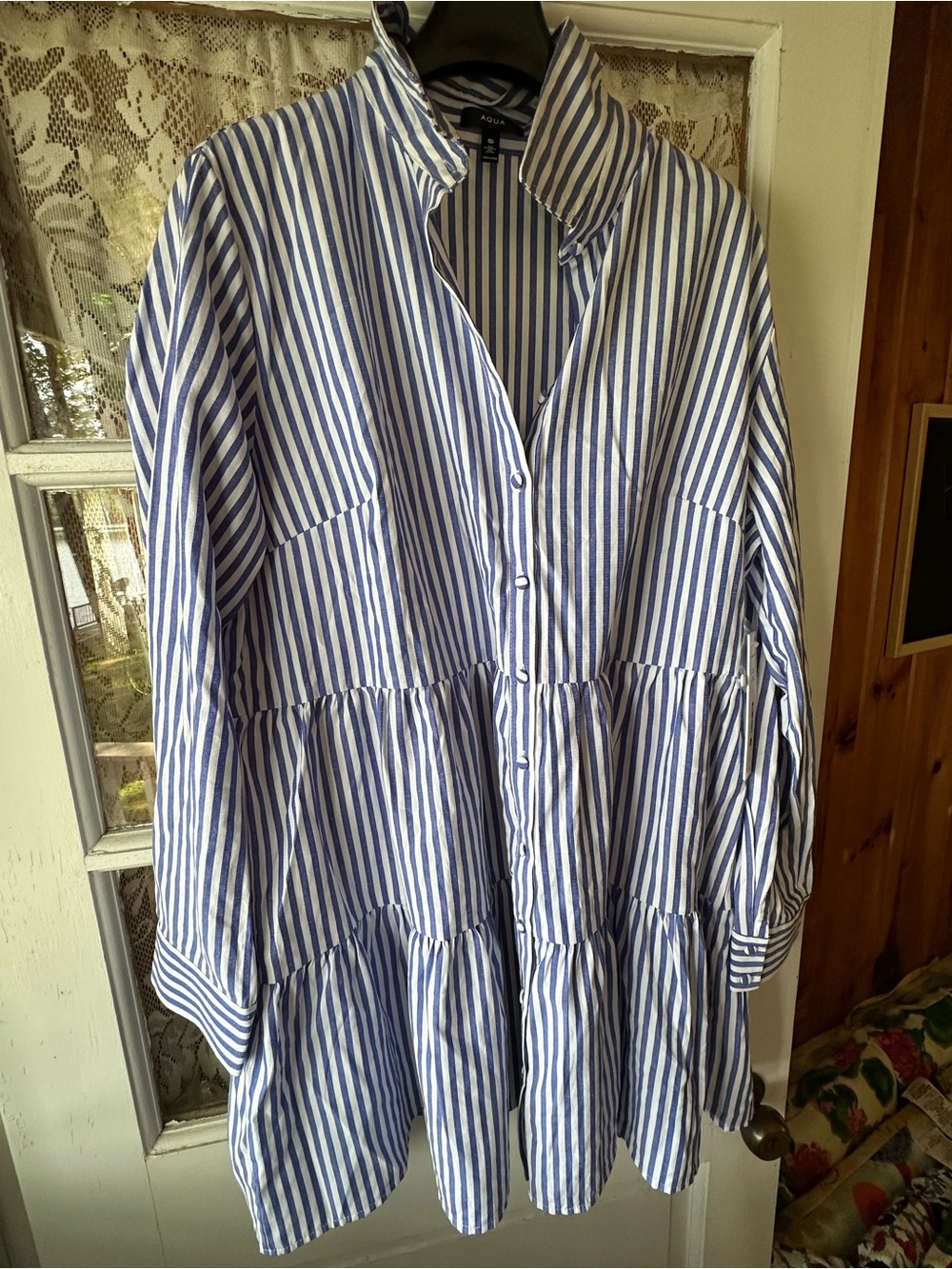 Aqua Dark Blue and White Striped Button-Front Dress